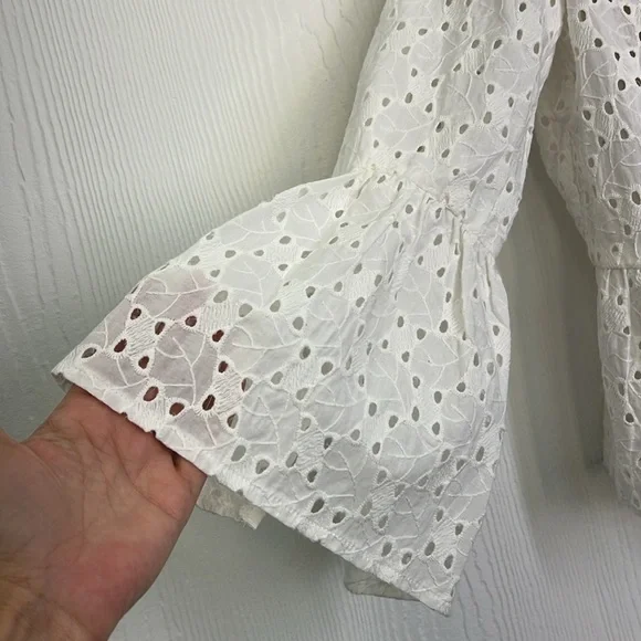 Zara - Embroidered White Open Front Ruffle With Bell Sleeves Jacket Size Medium - Picture 5 of 14